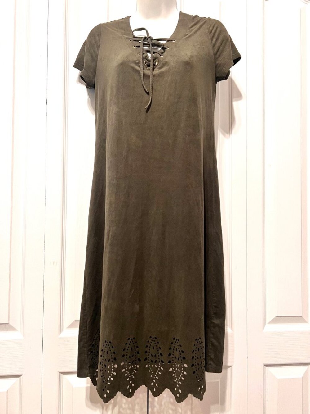 Melissa Paige-Olive Green Suede Feel Small Dress-Cut Outs-V Neck Drawstring-Soft